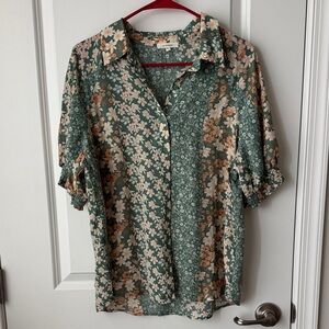 Pleione Floral Green Orange Tan Women’s Button Down Large